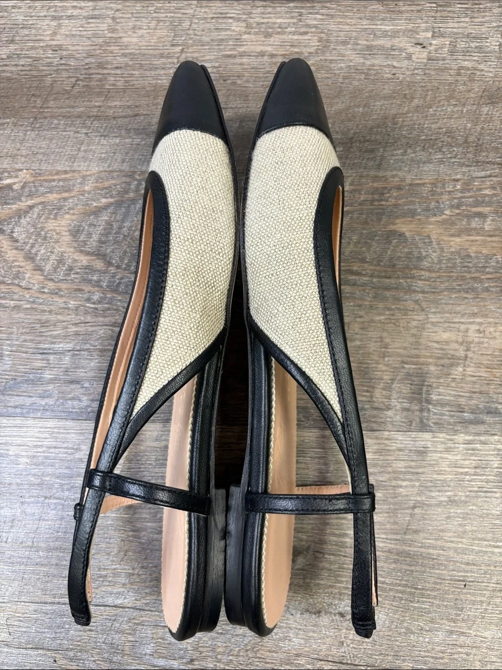 J.Crew Women’s Slingback Cap Toe Flats Black Leather Natural Canvas Size 8.5